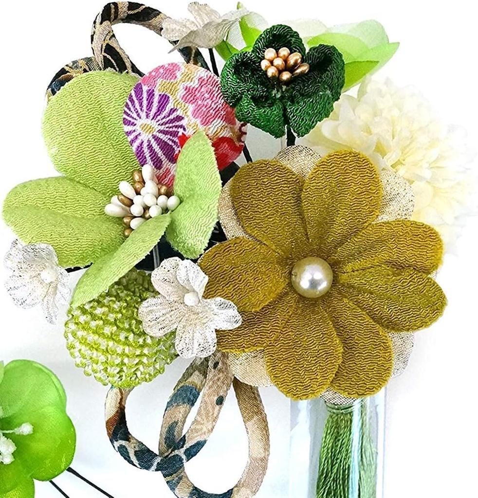 Sada vlasových ozdob Furisode, ceremoniální Tsumami, 2dílná krepová ozdoba na oslavu dospívání kk-094 (zelená)