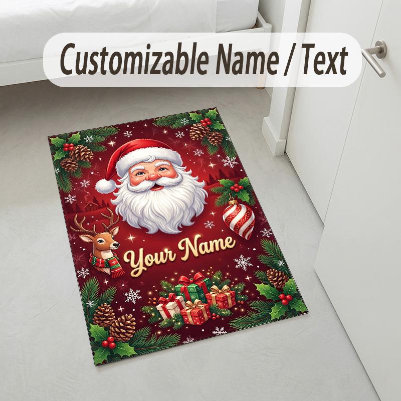Christmas Theme Crystal Velvet Rug Personalized Custom Name Text Soft Floor Mat Home Decor