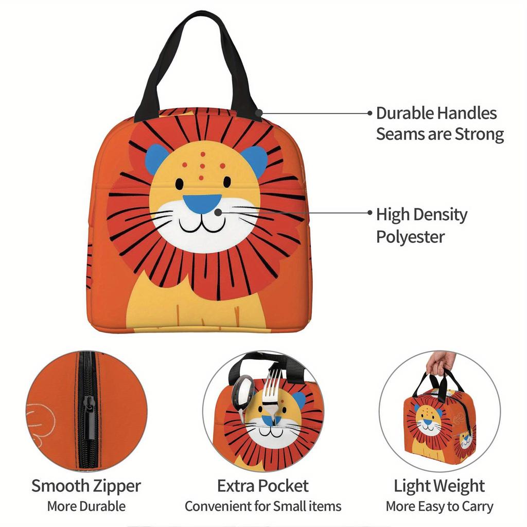 1pc Thermal Insulated Bag with Cute Lion Design Orange Background Non-Food Contact Thermal Insulation