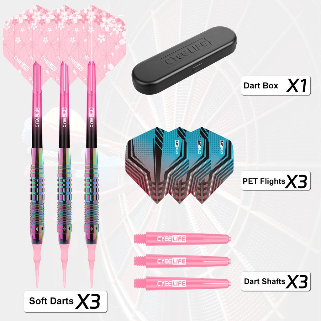 CyeeLife Dartpfeile mit Kunststoffspitze, Professionelles Softdart-Set mit 3 Pfeilen für elektronische Dartscheiben, Inklusive 6 Dartschäften, 6 Flights und einem Dartcase