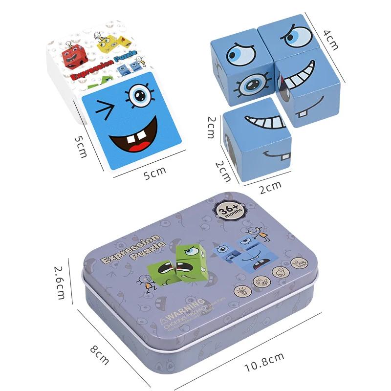 Emotion Expression Cube Face Change Wooden Puzzle Montessori Building Blocks Game for Kids Creative Learning Toy Gift Party Game
