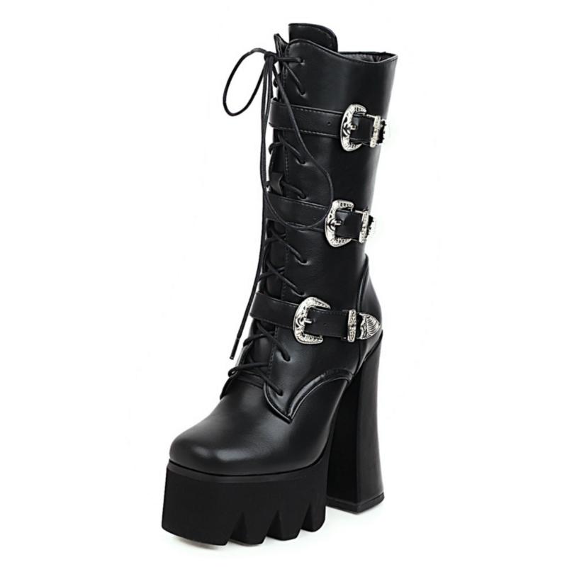 Sexy Punk Combat Boots Women Leather Platform 2024 Autumn Fashion Rubber Gothic Thick Heels Mid-calf Boot Women Large Size 48