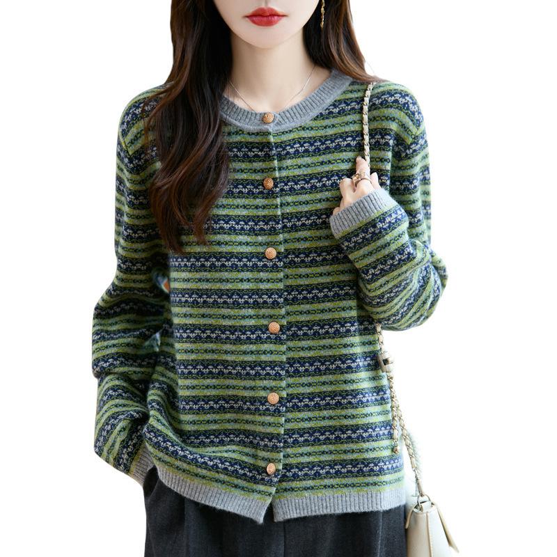 Retro Round-neck Knitted Cardigan, Long-sleeved, Color-blocking Jacquard Loose Top Coat for Autumn and Winter New Style