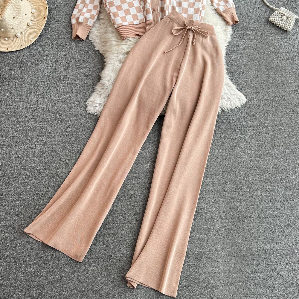 Herbst Vintage Marke Plaid Gestrickte Pullover Hose 2 Stück Set Frauen Trainingsanzug Einreiher Mantel + Knöchel Länge Hosen Outfits