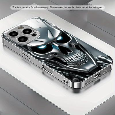 Capa de Celular Galvanizada de Vidro Temperado com Padrão de Caveira Prateada Para iPhone 17 16 15 14 13 12 11 Pro Max 14 15 Plus 16E 17 Air Cover