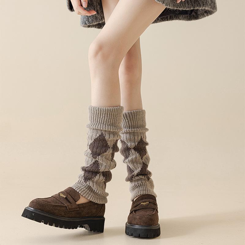 

Женские осенне-зимние теплые шерстяные гетры, винтажные ромбовидные вязаные носки с махрой 1 pair хаки