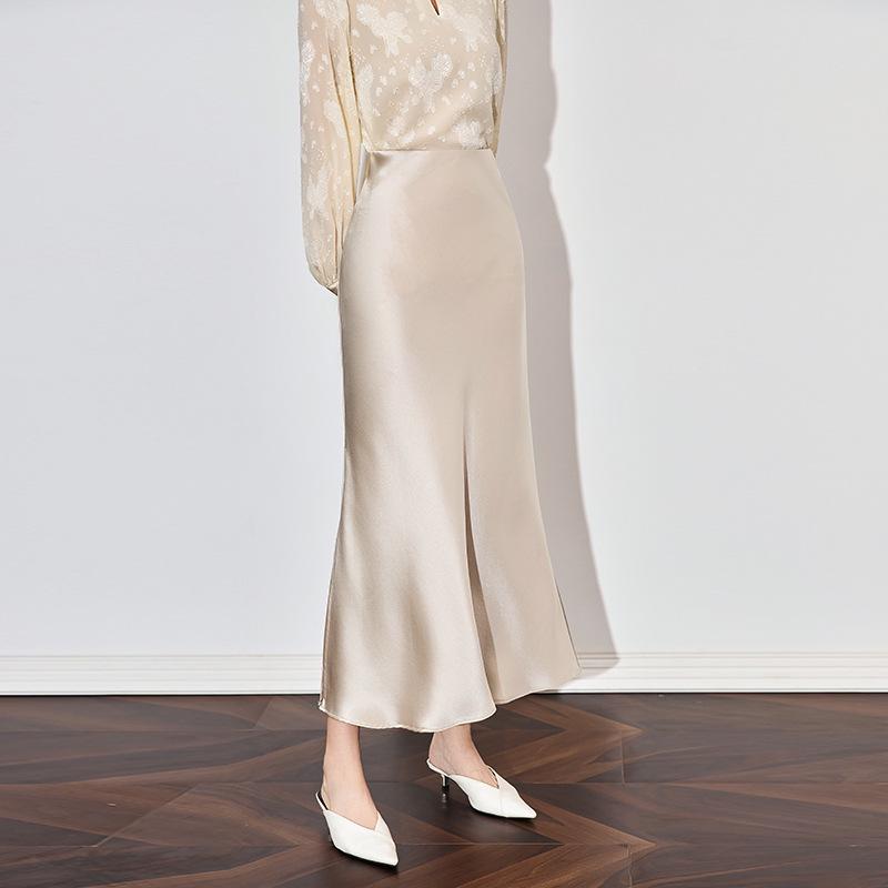 

South Oil Satin Glimmer Elastic Waist A-line Fishtail Midi Skirt S абрикосовый