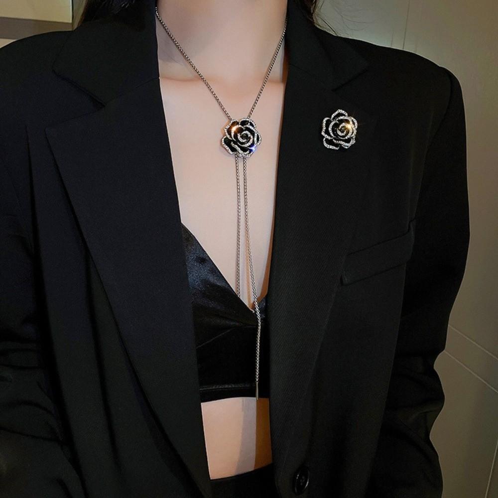 Zinc Zinc Alloy Rhinestone Brooch Silver Clavicle Chain Sweater Chain Women Long Necklace  Gift