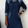 Elegant Women's Retro Print Denim Hoodie Dress - Soft, Comfortable Patchwork Design
