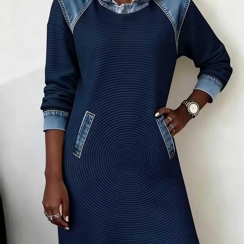 Elegant Women's Retro Print Denim Hoodie Dress - Soft, Comfortable Patchwork Design