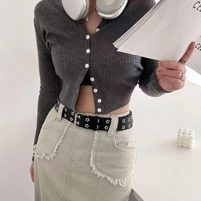 

Contemporary Summer Womens Belt With Striking Double Row Star Buckle In Pu Leather StyleB