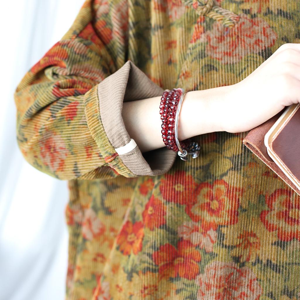 Johnature Women Vintage Dresses Stand Print Floral Long Sleeve Spring Chinese Style A-Line Dress