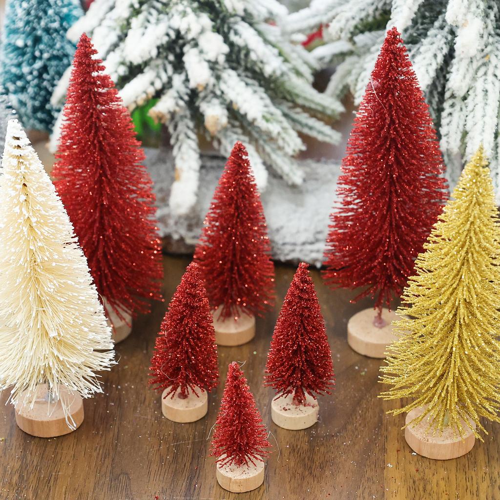Artificial Mini Christmas Tree DIY Crafts Sisal Pine Tree Desktop Miniature Ornaments with Wood Base Winter Xmas Party Decor
