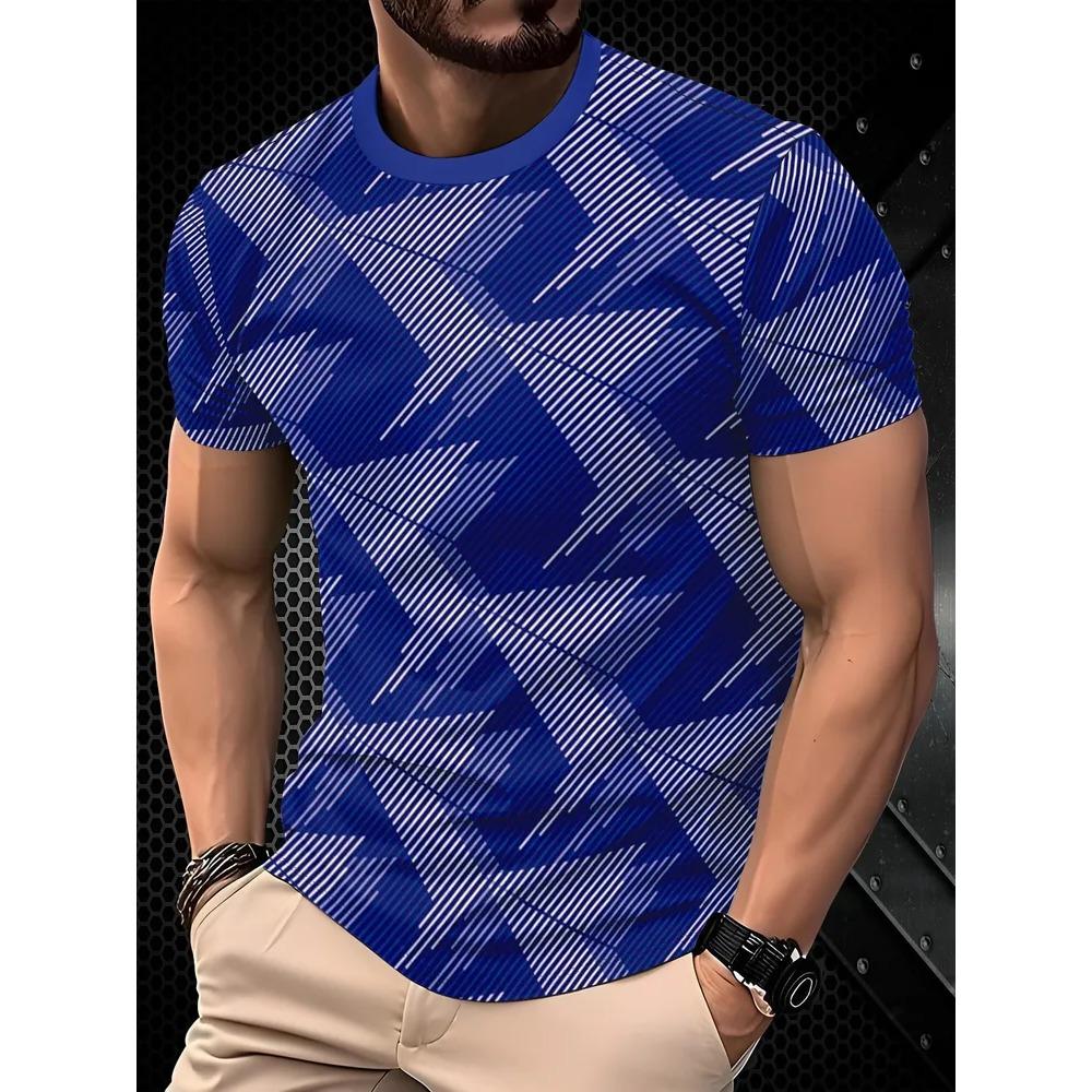 Fashionable Casual Comfortable Breathable Short Sleeved Round Neck T-shirt Summer Large Loose Creative Stripe Geometry 3D Printed Men's T-shirt