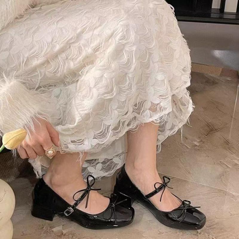 

Fashion Spring New Women s Bow-knot Square-toed Thick Heel Single Shoes Summer French Temperament Shallow-mouth Low Heel Mary Jane Shoes 35 чёрный
