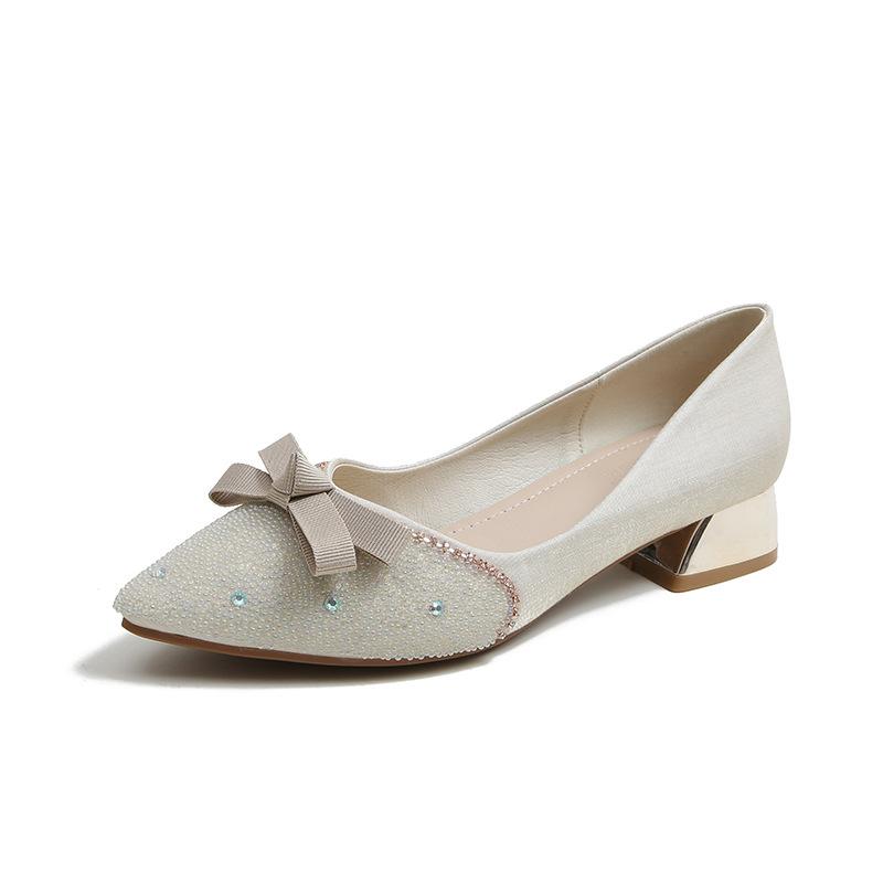 French pointed single shoes women's summer new shallow rhinestone thick heel medium heel temperament large size 40-43