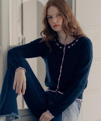 Rolarola Hand Rose Embroidery Cardigan Navy