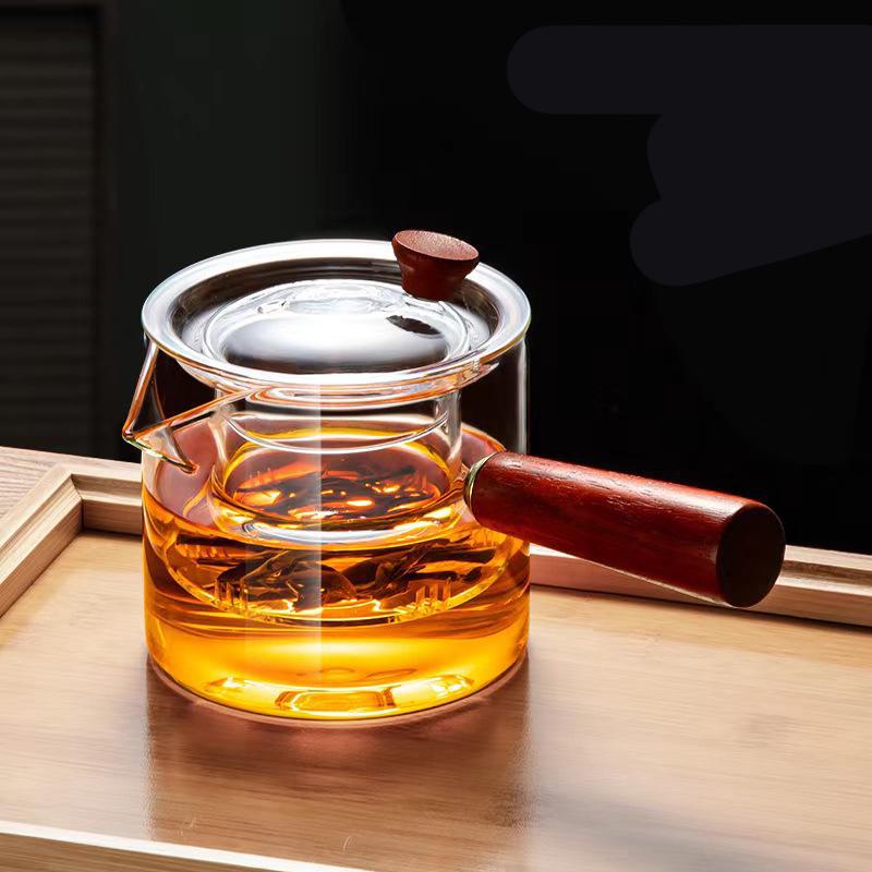 High-Temperature Resistant Borosilicate Glass Teapot with Red Sandalwood Side Handle for Electric Ceramic Stove Tea Making