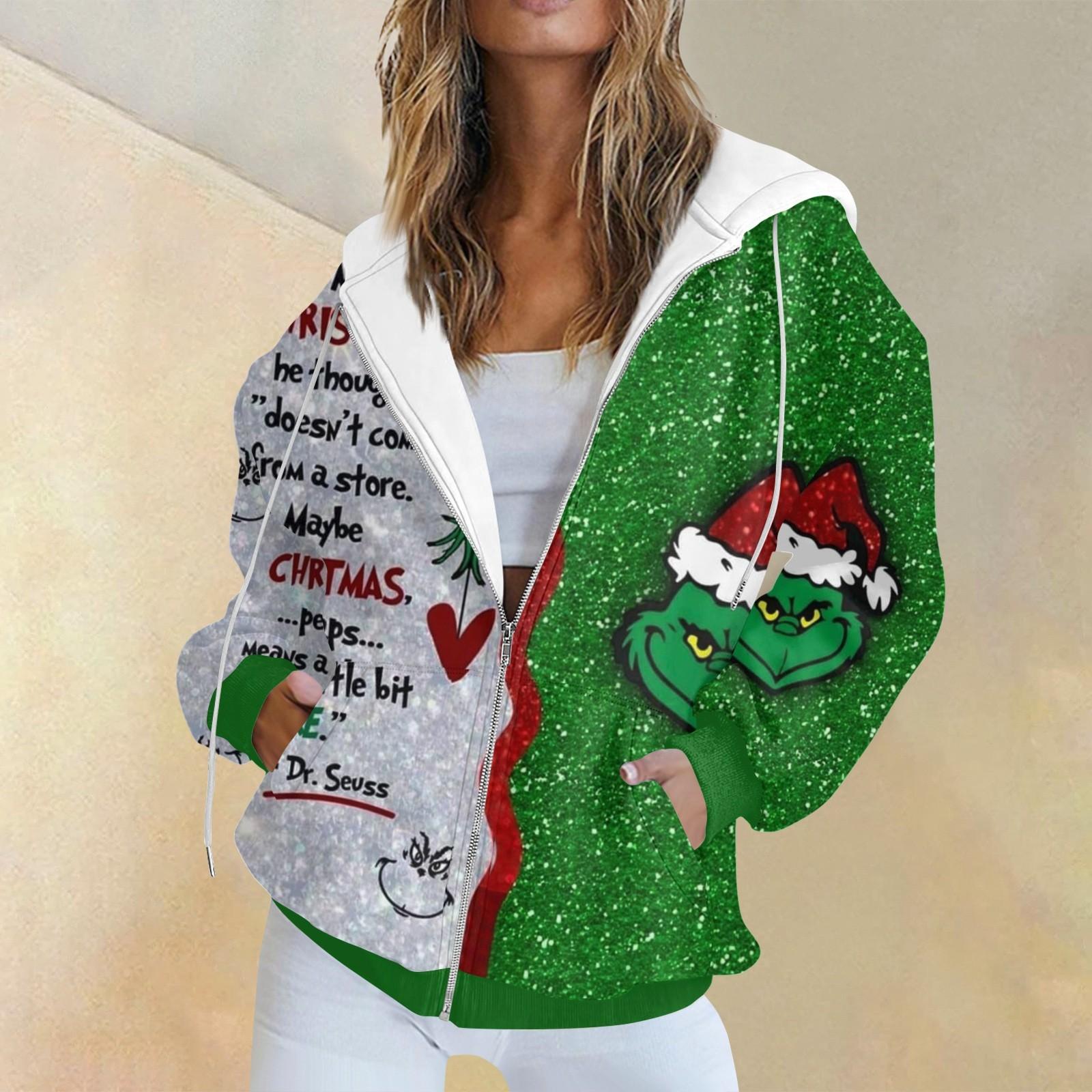 

Женская модная повседневная толстовка с рождественским принтом и длинными рукавами, карманная куртка, пальто с капюшоном на молнии XXL