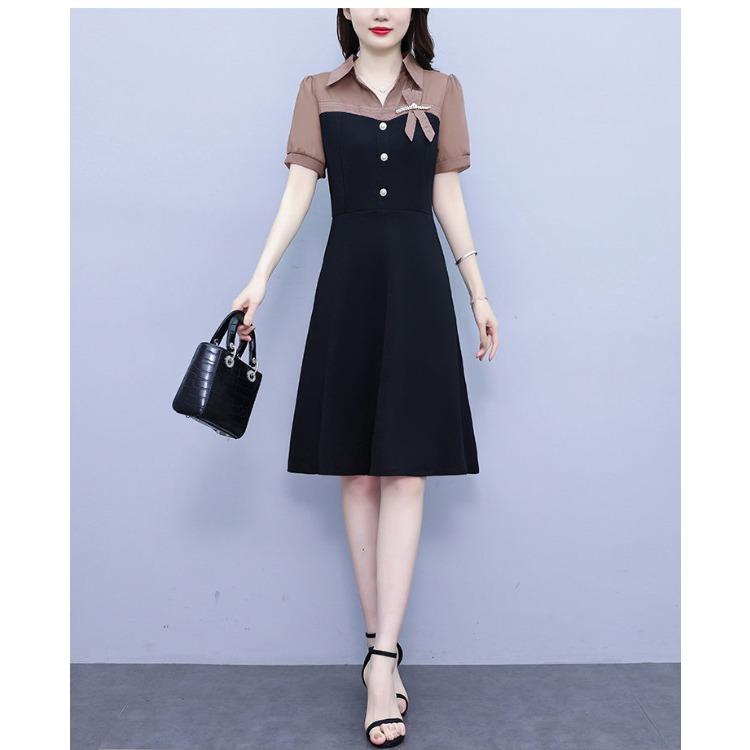 Summer Slimming Short Sleeve Dress with Pearl Splicing Youthful and Belly Covering