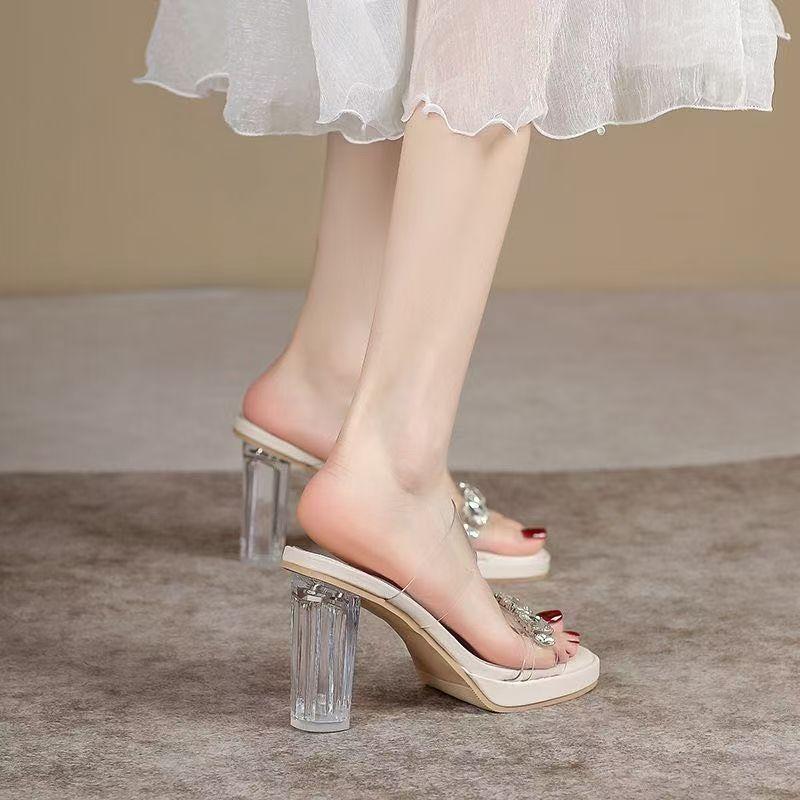 Crystal thick heel waterproof table transparent high heels with diamond slippers car show model catwalk night sandals 2025 new