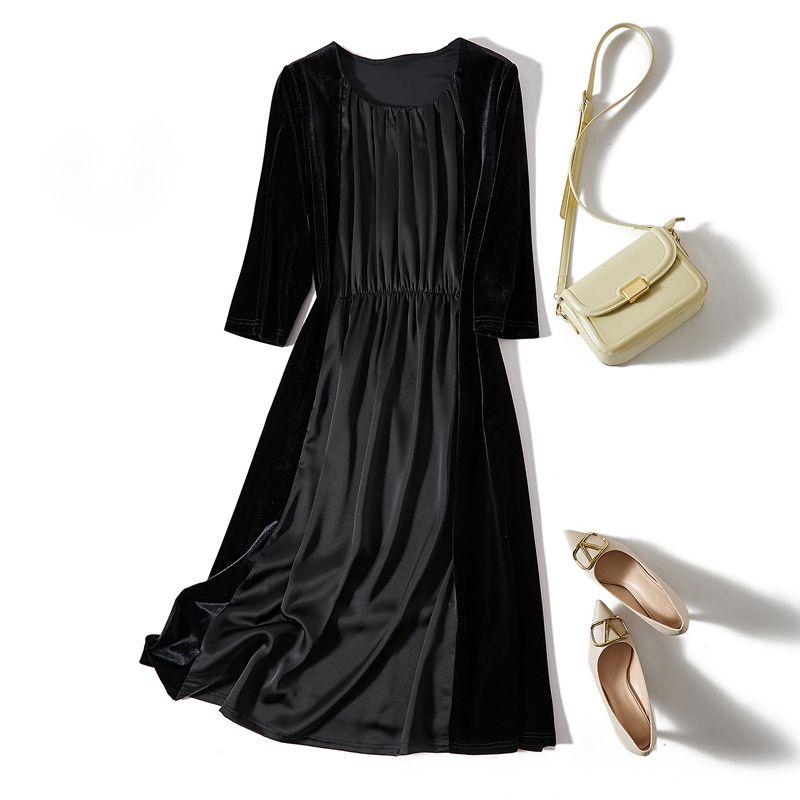 

Satin Acetate Tencel Patchwork! European Station Retro Sense Female Fake Two-Piece round Neck 3/4 Sleeves Long Dress Fall and Winter Black 2XL