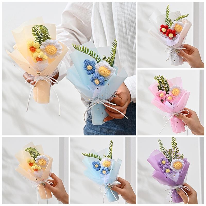 Finished Crochet Flower Bouquet Artificial Flower Room Decoration Handmade Knitted Flowers Bouquet Wedding Party Gifts