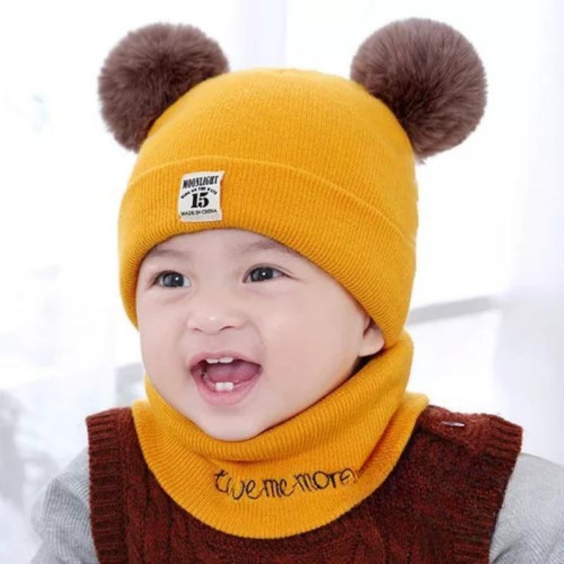 Gorros de malha para bebês quentes de inverno com cachecol, gorros de malha para crianças, cor sólida, chapéu infantil para crianças, meninos e meninas, acessórios