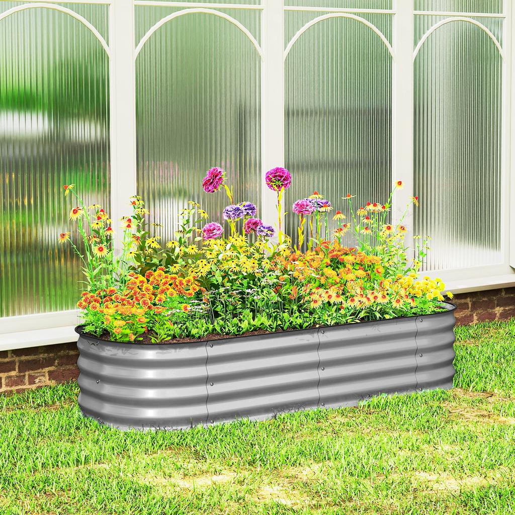 Galvanised Raised Garden Bed, Metal Planter Box with Safety Edging, for Flowers, Herbs, Succulents, Silver
