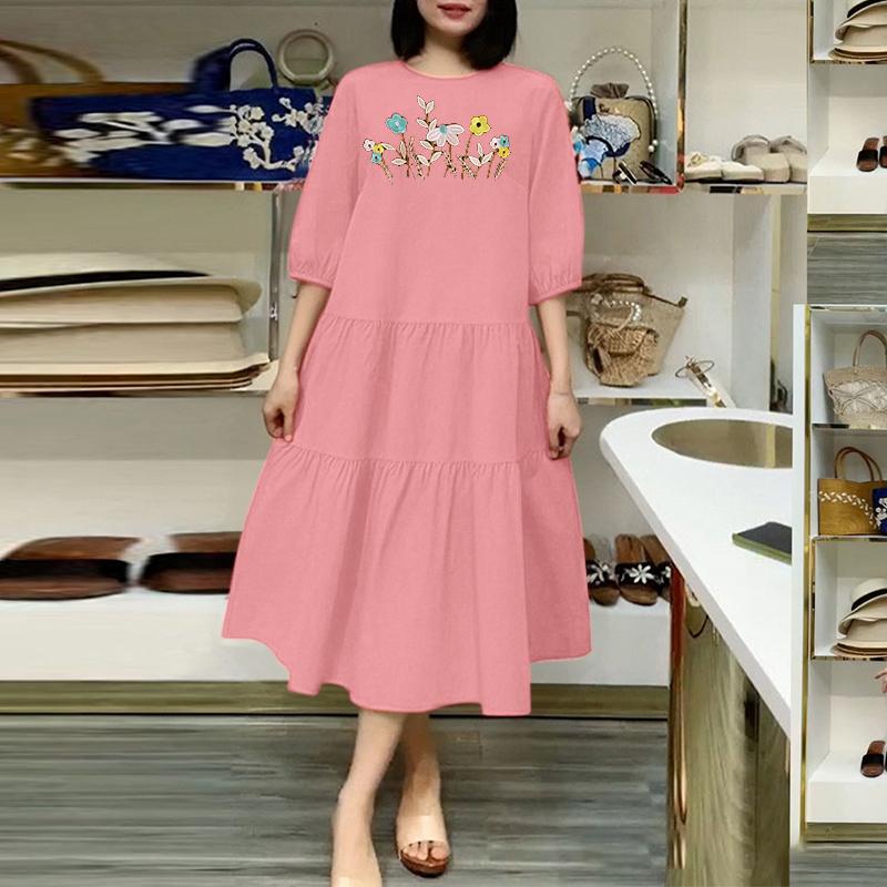 

ZANZEA Женское повседневное длинное платье с цветочным принтом, круглым вырезом, свободным рукавом 3/4 4XL розовый