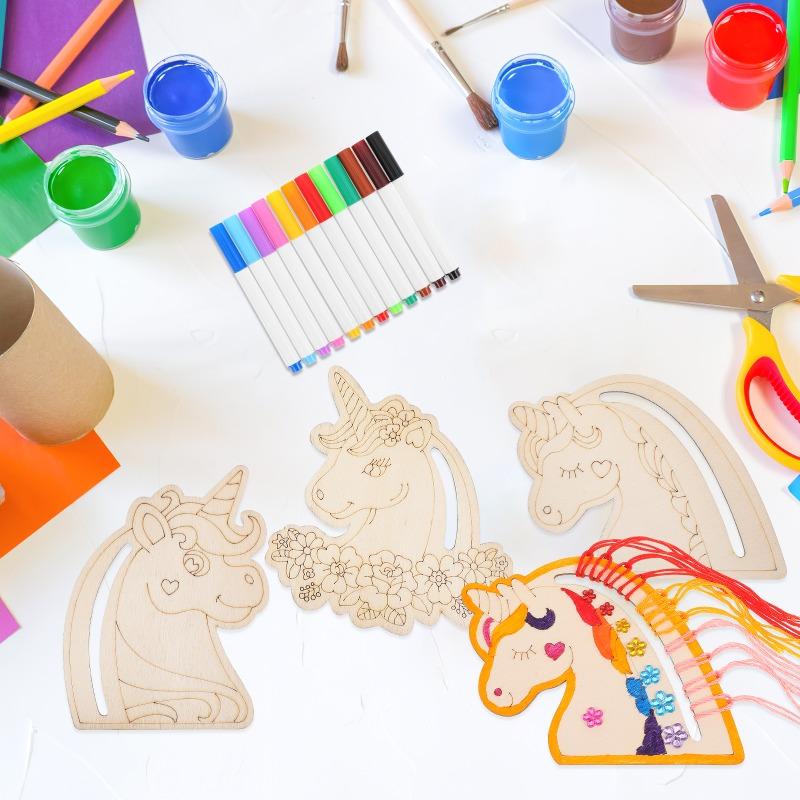 Unicorn Painting Kit Set - Wooden Craft Blank Cutouts for Kids & Adults DIY Ornament Coloring Supplies Creative Wood Unicorn