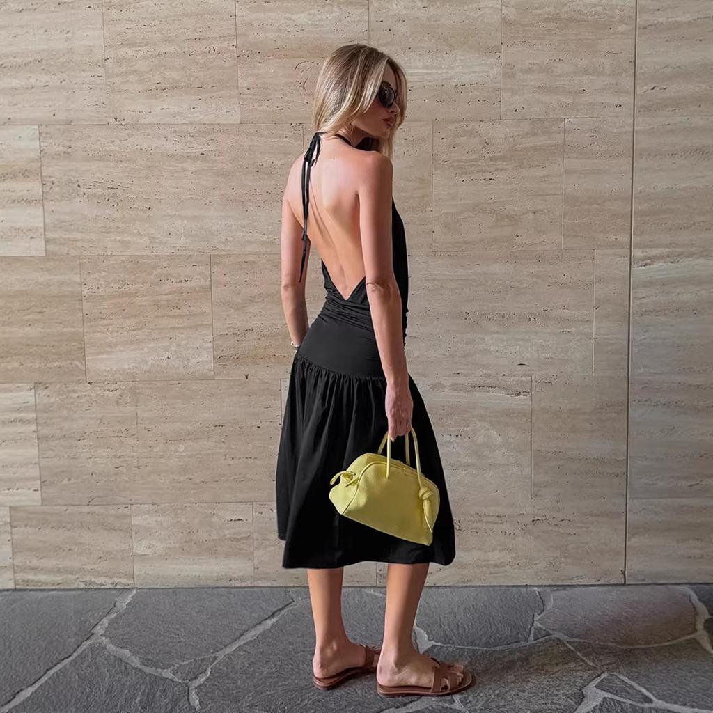 Summer new sexy black neck dress femininity backless split A-word skirt women's clothing