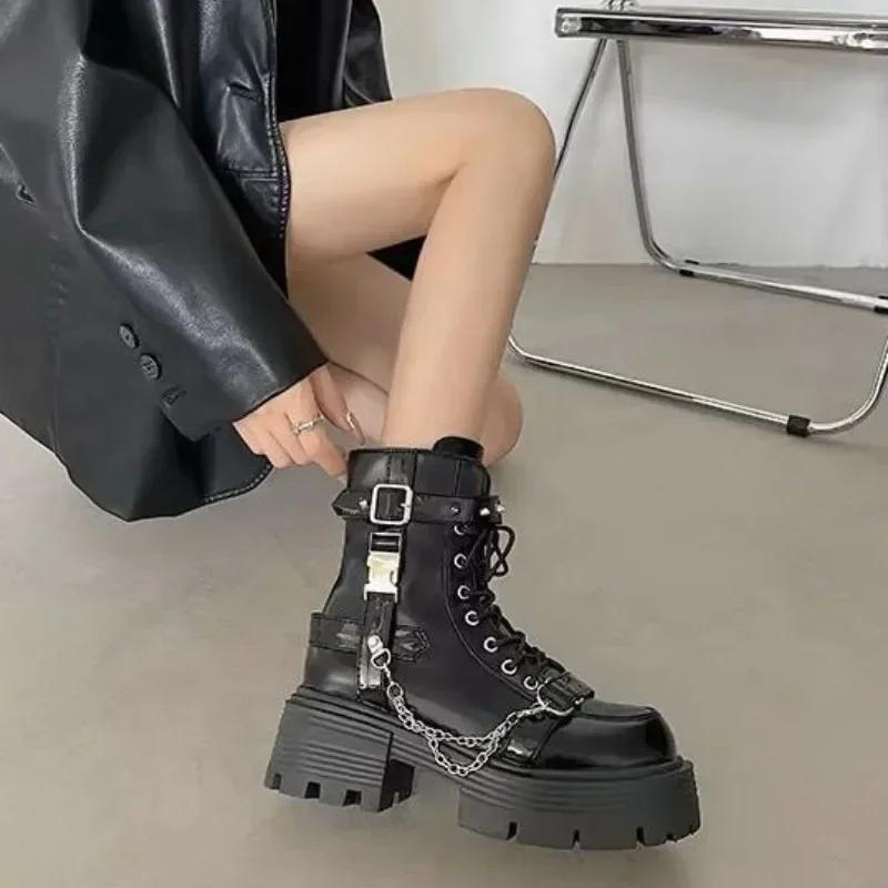 2025 New Women's Boots Gothic Ladies Shoes Rivet Chain Design Short Boots Fashion Lady Rock Boots Metal Decor Punk Women Shoes
