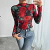 European American New Women's Transparent Rose Floral Print Long Sleeves Stand Collar Across 2025 Autumn Winter