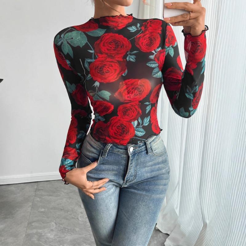 European American New Women's Transparent Rose Floral Print Long Sleeves Stand Collar Across 2025 Autumn Winter