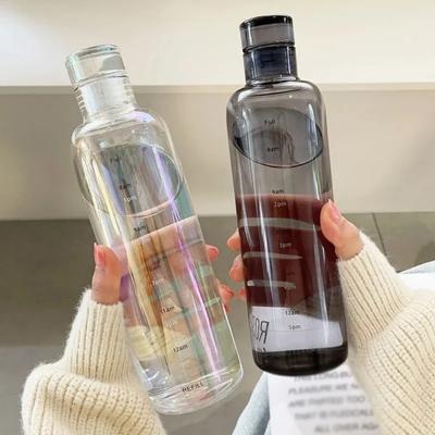 500ML Large Capacity Plastic Water Bottle With Time Marker Cover For Water Drink Transparent Milk Juice Simple Cup Birthday Gift