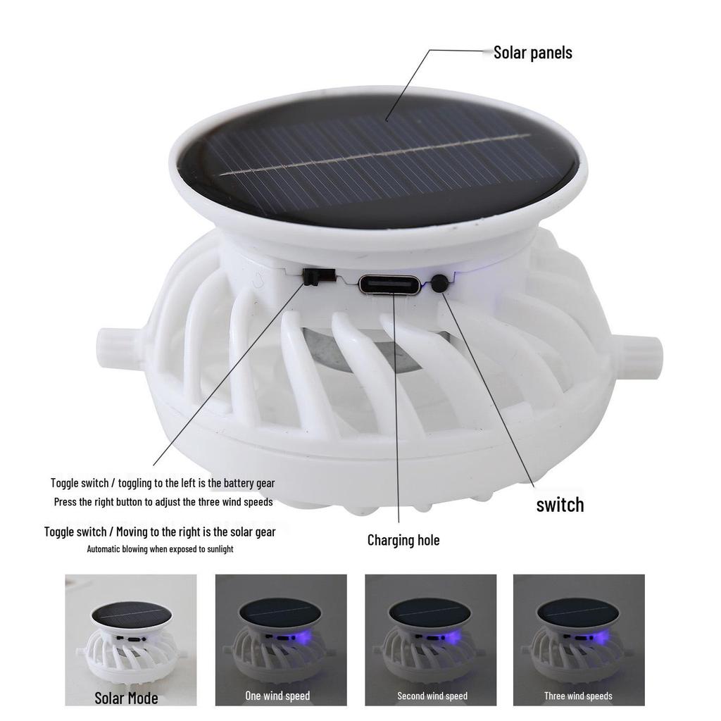 USB Rechargeable Solar Fan with Detachable Accessories - Pressure-Sensitive Motor for Strong Wind Power