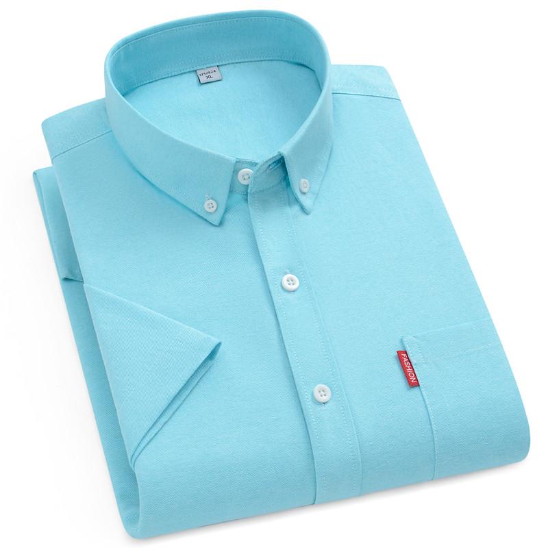 

2026 New Men s Oxford Shirts Luxury Short Sleeve Summer Casual 100% Cotton High Quality Solid Color Business Social Yellow Tops 3XL небо синє кольору