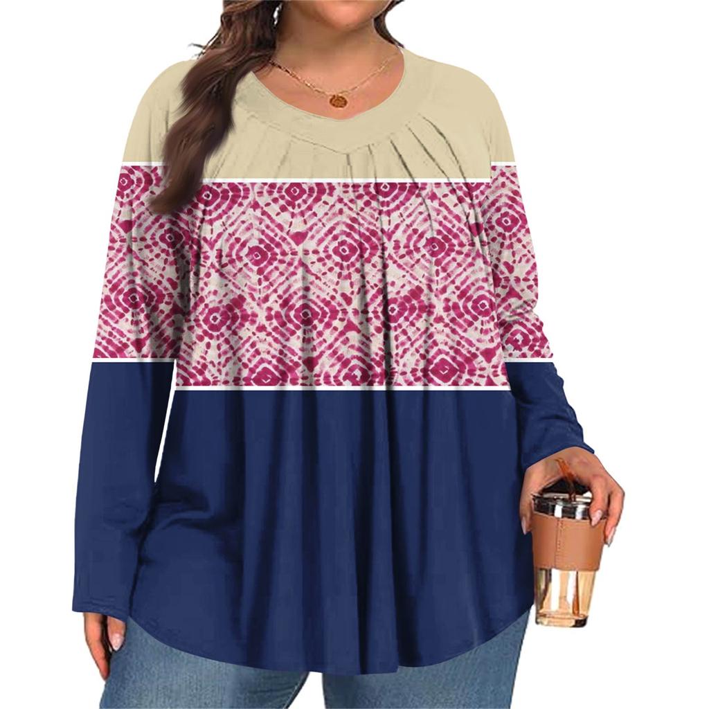 Women's Plus Size Fashion  Printed Casual Pleated Round Neck Long Sleeve Top