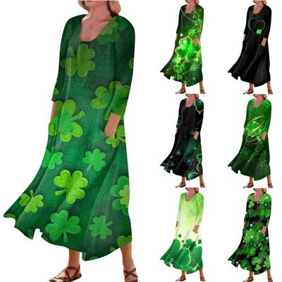 Women's Casual Comfortable St. Patrick's Day Print Three Quarter Sleeves Cotton Pocket Dress