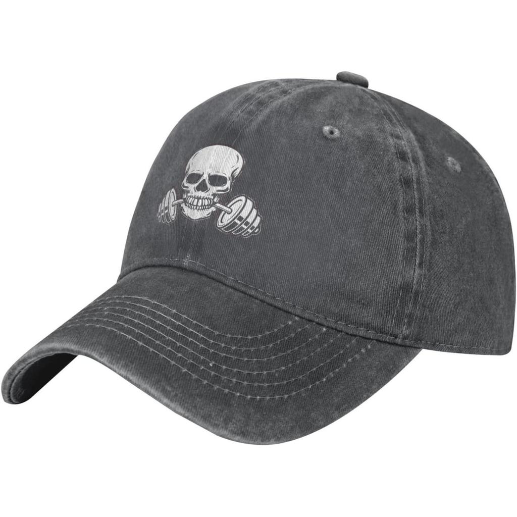 Weightlifting Skull Baseball Cap Washed Cotton Dad Hat Adjustable for Unisex Women