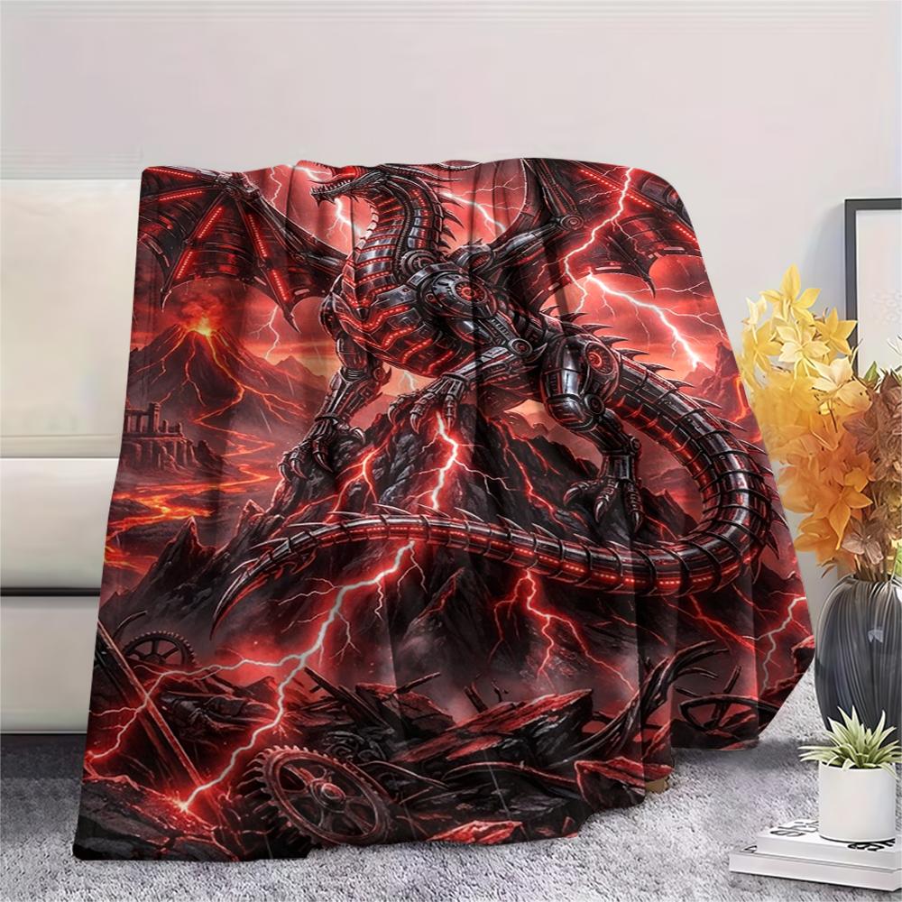 Red mechanical skull dragon Print Flannel Blanket,High quality Comfortable for All Seasons,Home Decor,Warmth and Comfort,Perfect for Christmas Gifts