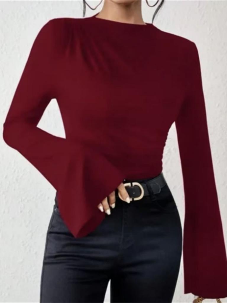 Herbst Winter Neuestes Vielseitiges Rüschenärmel Rundhals Slim Fit Damen T-Shirt