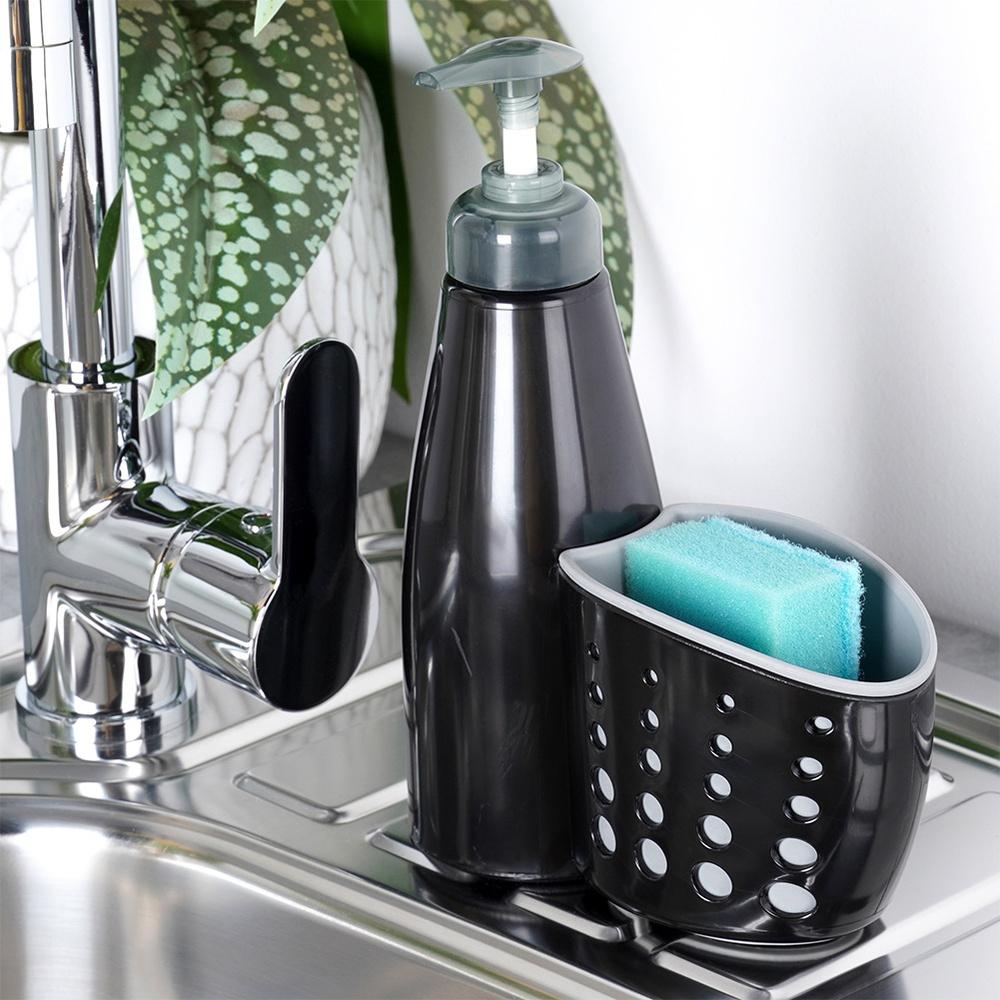 Kitchen Dishwashing Liquid Dispenser Sponge Container Scourer Black for Sink
