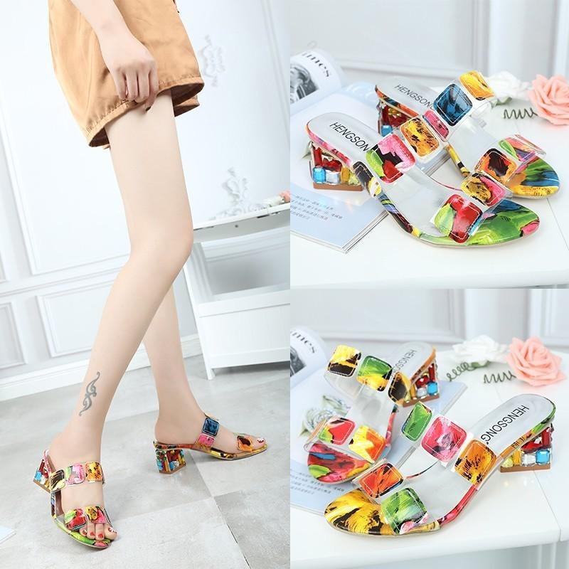 Women's Colorful Chunky Heeled Sandals Rhinestone Decor Slip On Open Toe Mid Heels Stylish Daily Wear Sandals