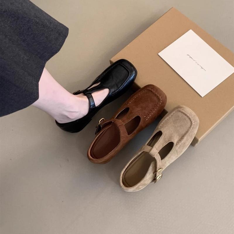 Soft-soled Version~ Retro Brown Flat-bottomed Square-headed Mary Jane Shoes, Autumn New Shallow-mouth Soft-soled Single Shoes, One-pedal Women