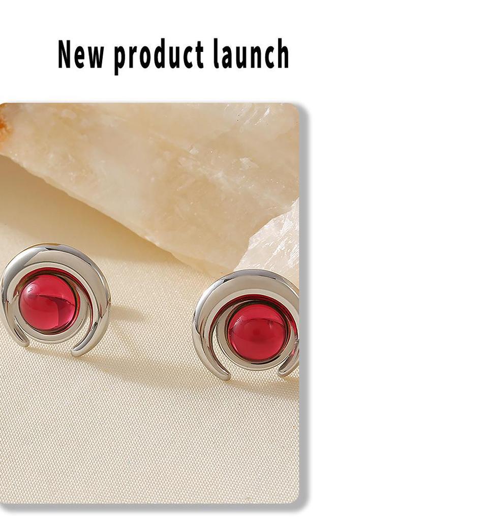 Half-Moon Glass Stone 18K Gold-Plated Stainless Steel Stud Earrings