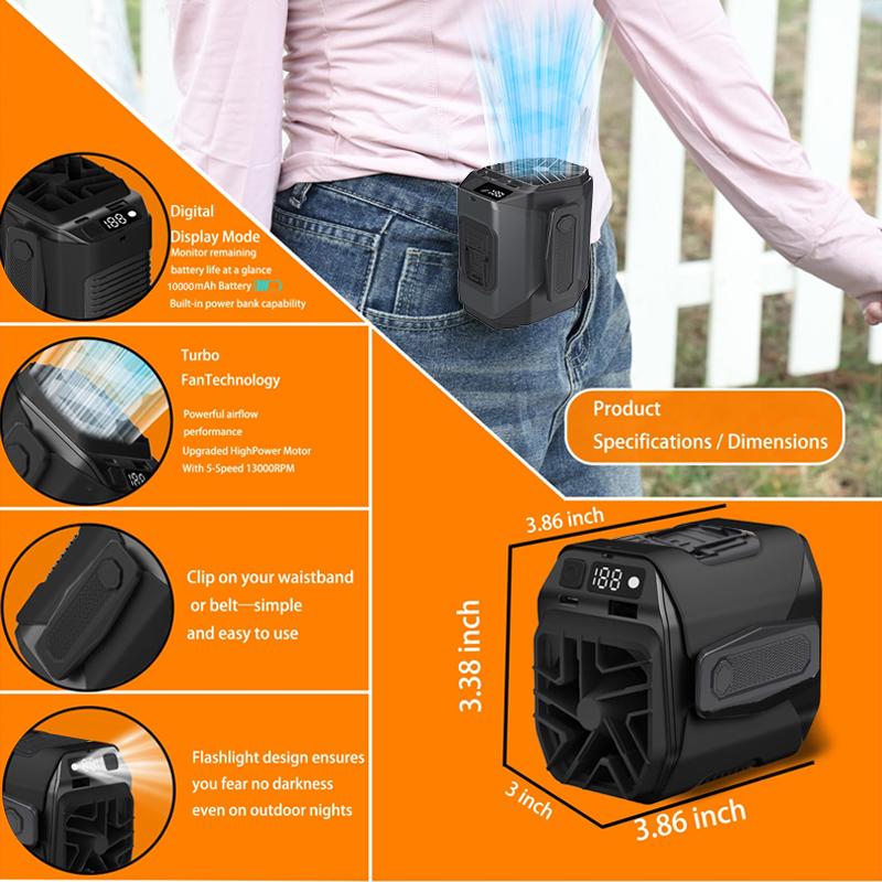 10000mAh Waist Hanging Fan Portable Hand Fan Air Conditioner Tabletop Cordless Fan for Emergency Sports Outdoor Working