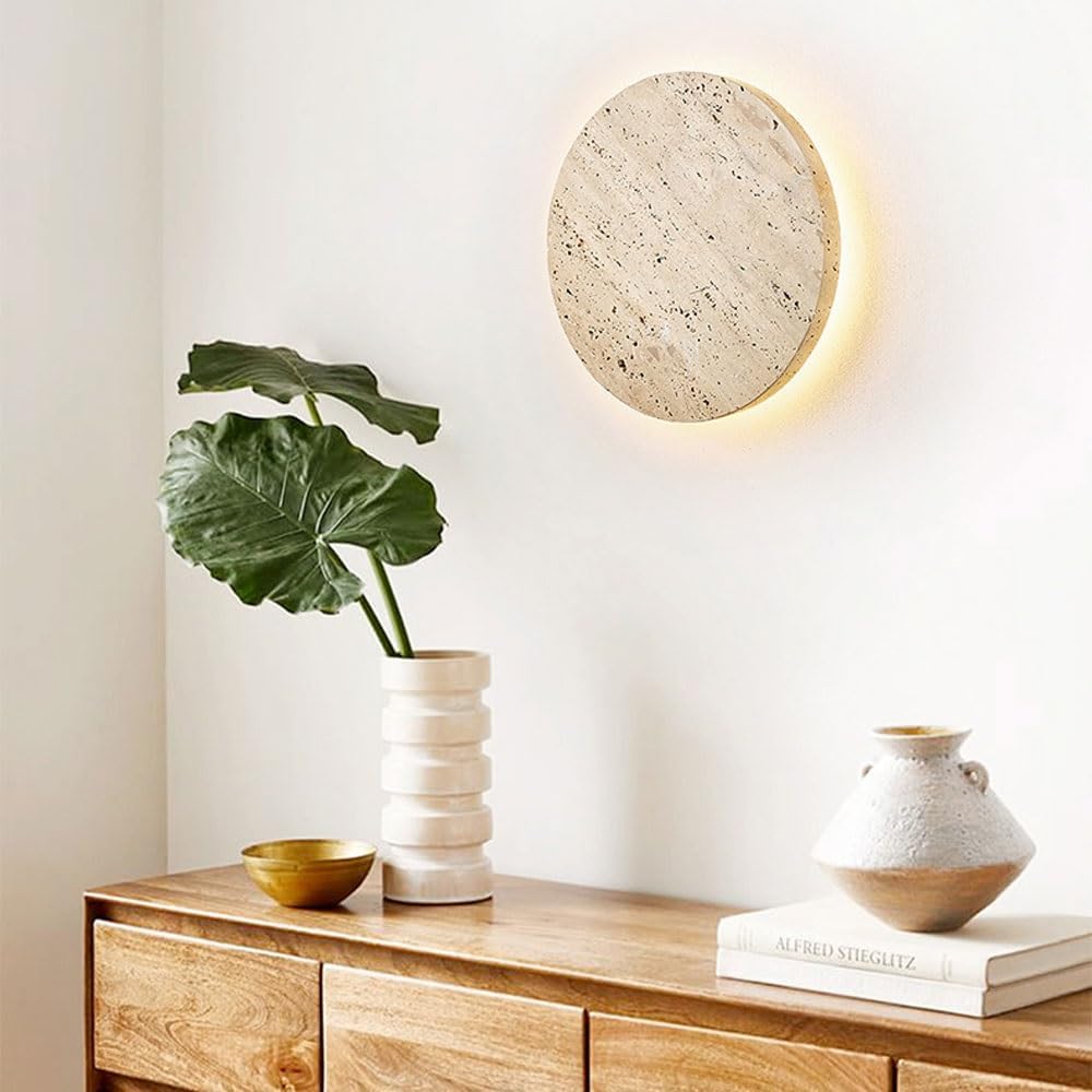 Modern Round Travertine Wall Sconce, Natural Stone Wall Light Fixture, LED Wall Lamp with Warm White Glow, Indoor Wall Lighting for Bedroom, Living
