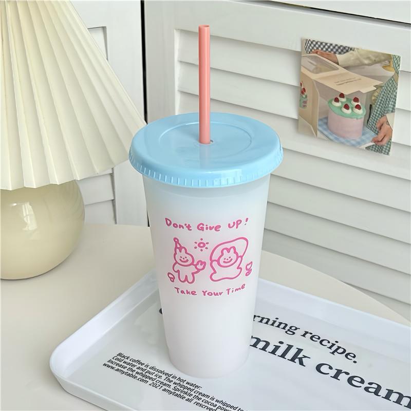 Kawaii Water Bottle For Coffee Juice Milk Tea Cute Plastic Cold Cups With Straw Lid Portable Reusable Drinking Bottle BPA Free